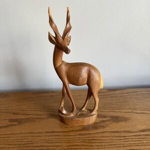 Vintage MCM Hand Carved Teak Wood Kudu Antelope Statue 10.5" Tall